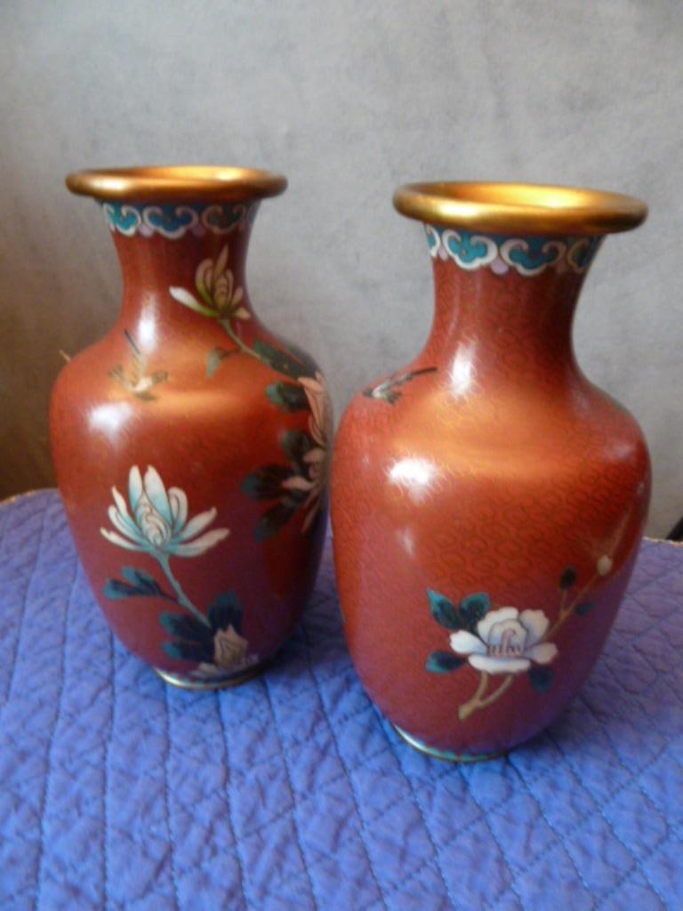 2 ancien petit vases chinois, cloisonné fleurs/oiseau, 18cm., Antiquités & Art, Enlèvement ou Envoi