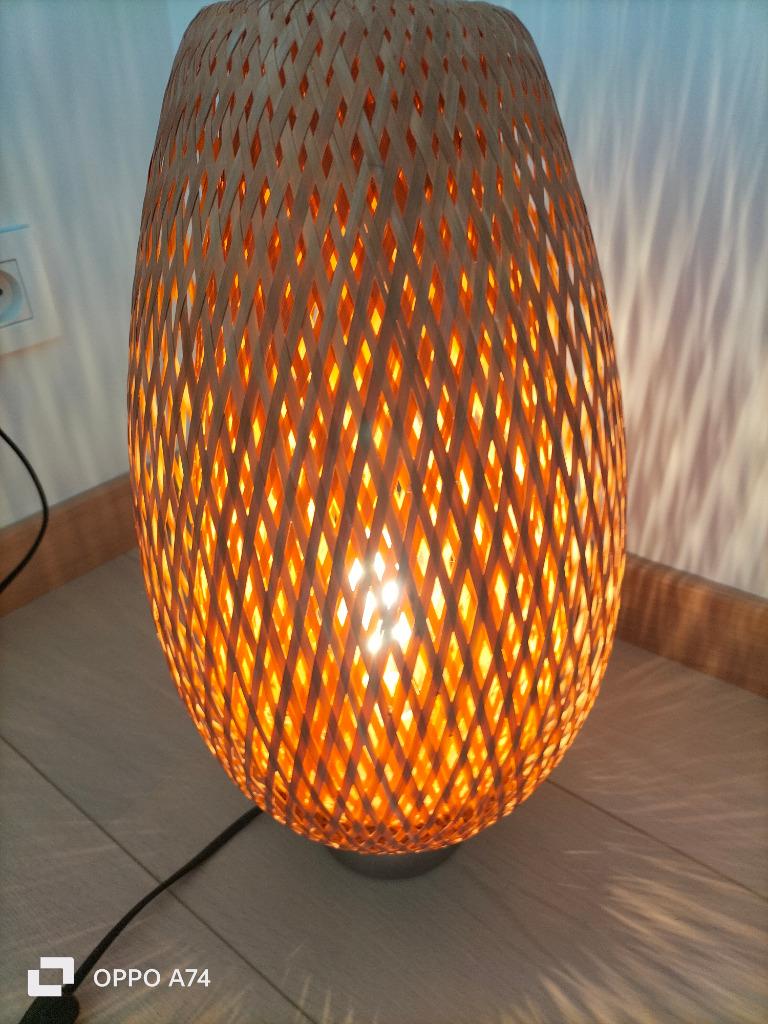 LAMPE IKEA EN BAMBOU TRESSE avec lampe E27  led 7V, Ophalen, Gebruikt, Vintage, Wit