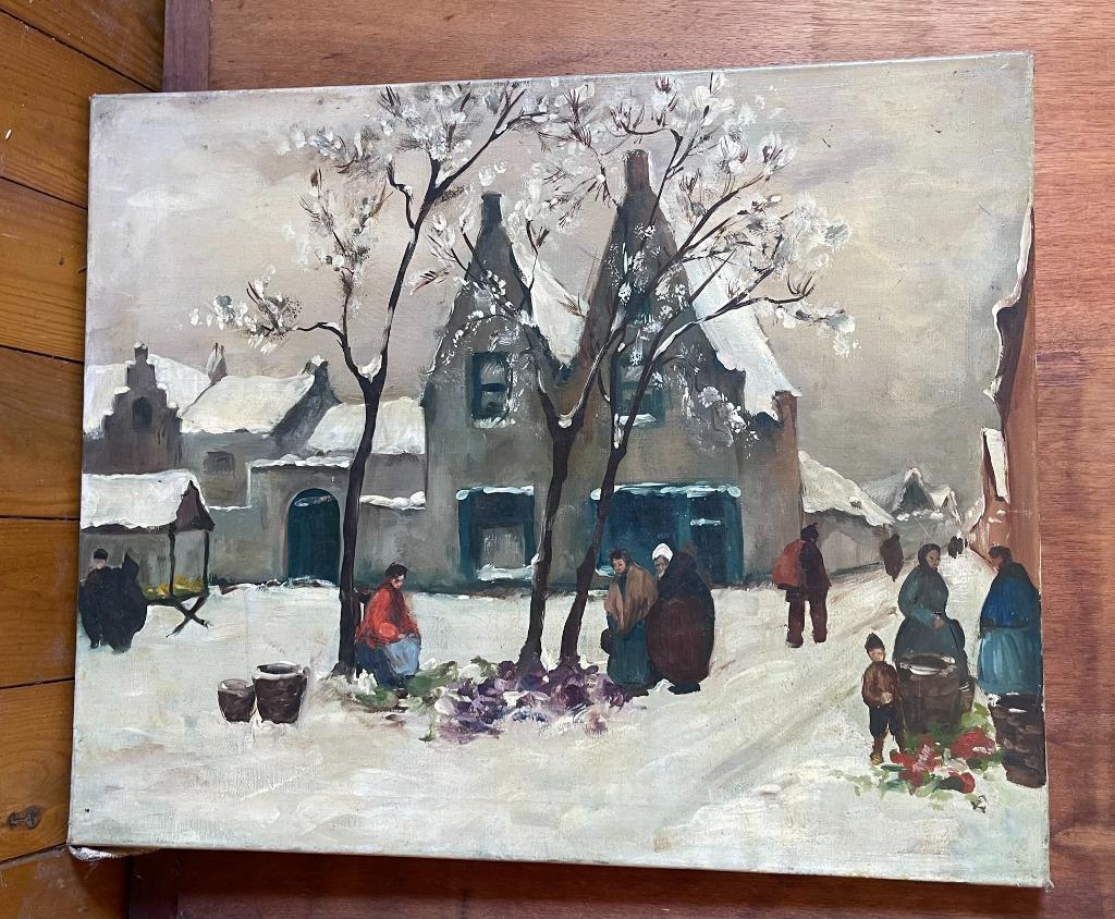 Schilderij sneeuwtafereel, Antiek en Kunst, Ophalen