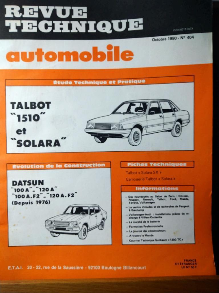 RTA - Talbot 1510 Solara - Datsun 100 A - 120 A - n 404, Auto diversen, Handleidingen en Instructieboekjes, Verzenden