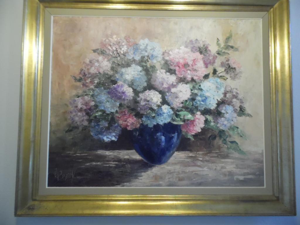 Schilderij Stilleven - Hortensia's door Bailly, 75 cm ou plus, Enlèvement, Peinture, 100 à 125 cm
