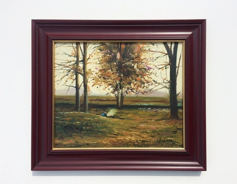 Olie S. Vilata: Herfst landschap (51 x 59 cm) Vintage 70s, Ophalen of Verzenden, Zo goed als nieuw, Schilderij, Oorspronkelijke maker