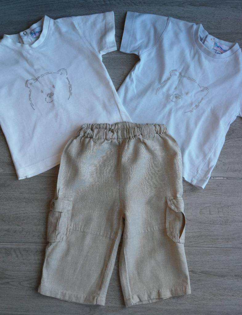 Beige broek + 2 T-shirts - Prémaman - maat 80, Prémaman, Ophalen of Verzenden, Zo goed als nieuw, Setje