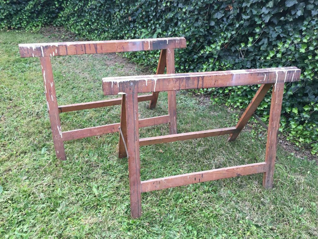 2 vintage pitch pine schragen met prachtige patine, Antiek en Kunst, Ophalen
