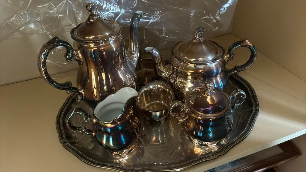 Zilveren thee servies afgewerkt met porselein alen s, Antiek en Kunst, Antiek | Servies compleet, Ophalen