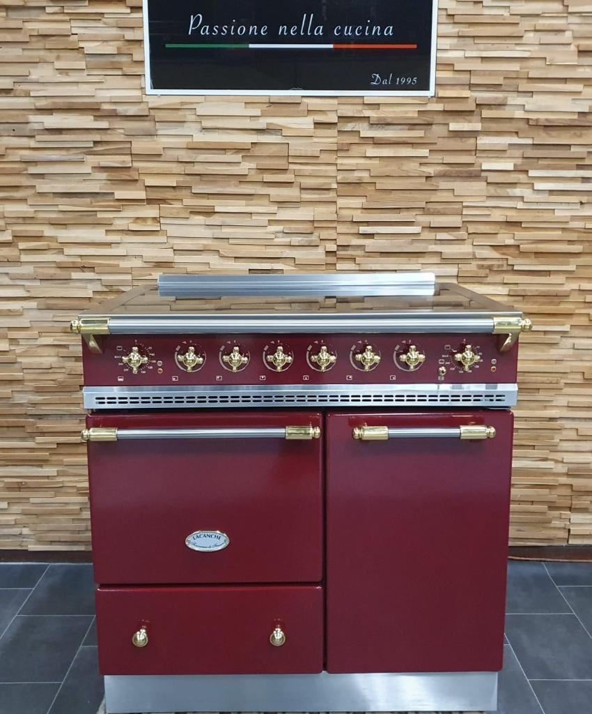 Luxe Lacanche Fornuis 90cm INDUCTIE bordeaux rood messing, Electroménager, Cuisinières, Comme neuf, Autoportant, 5 zones de cuisson ou plus