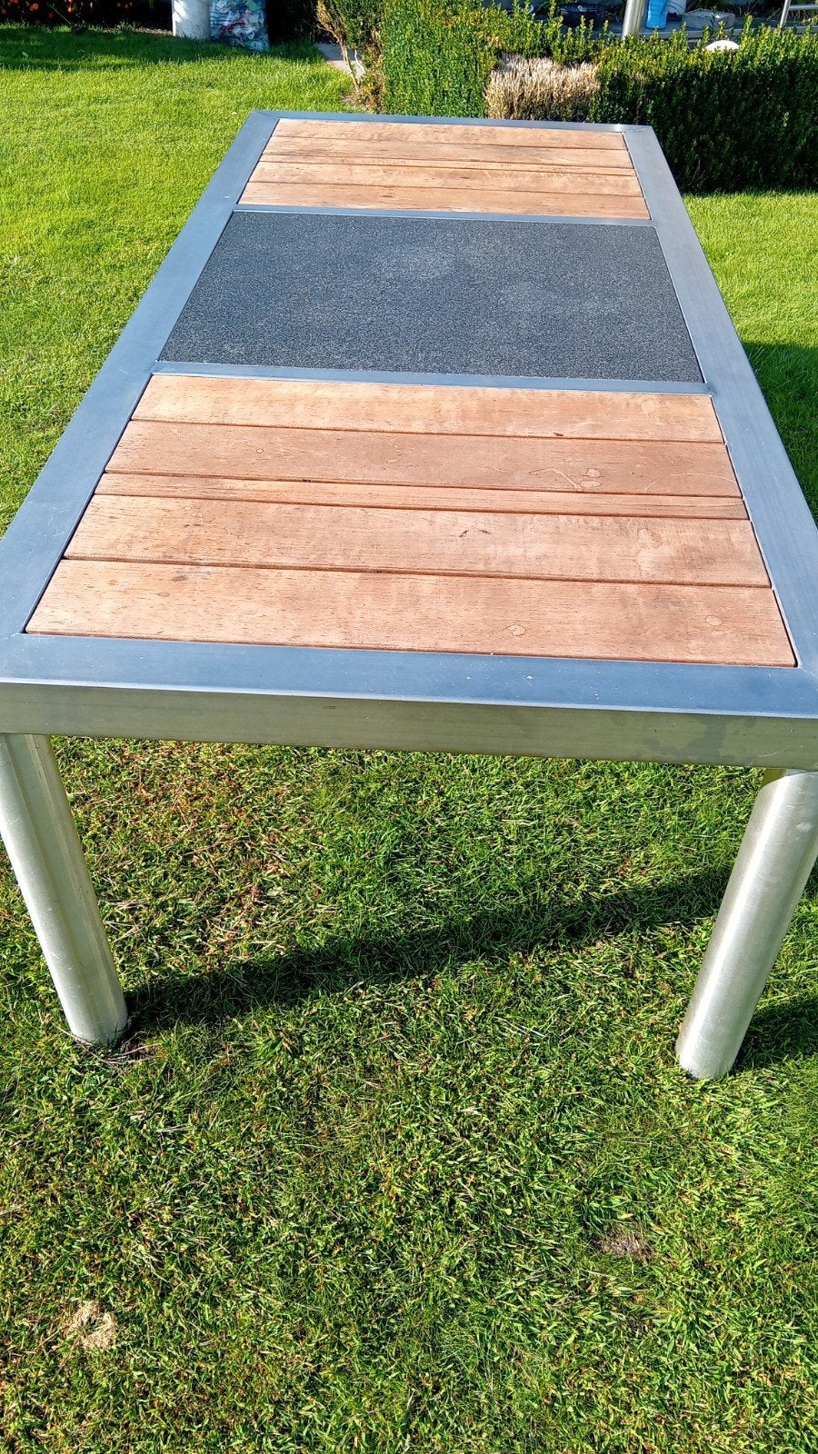 Inox  tafel met hout en steen inleg., Ophalen, Hout