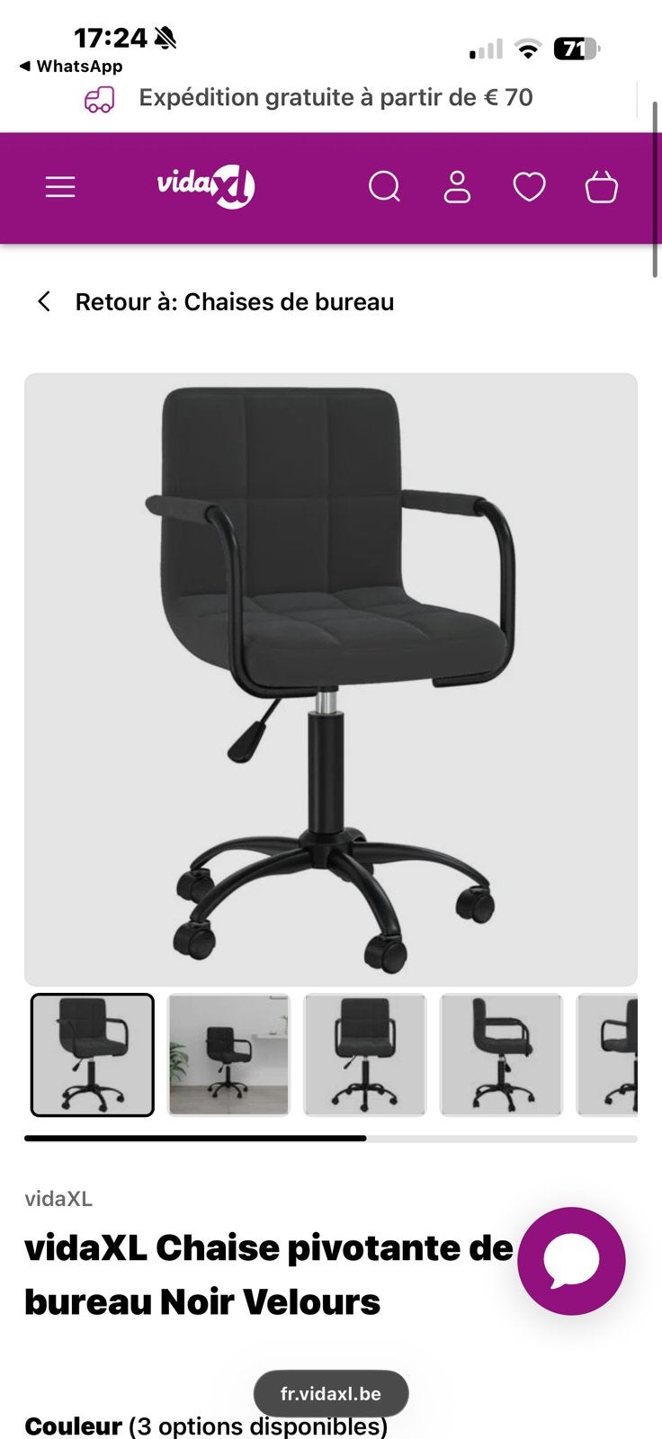 Chaise pivotante de bureau Noir Velours, Maison & Meubles, Enlèvement ou Envoi, Comme neuf, Noir