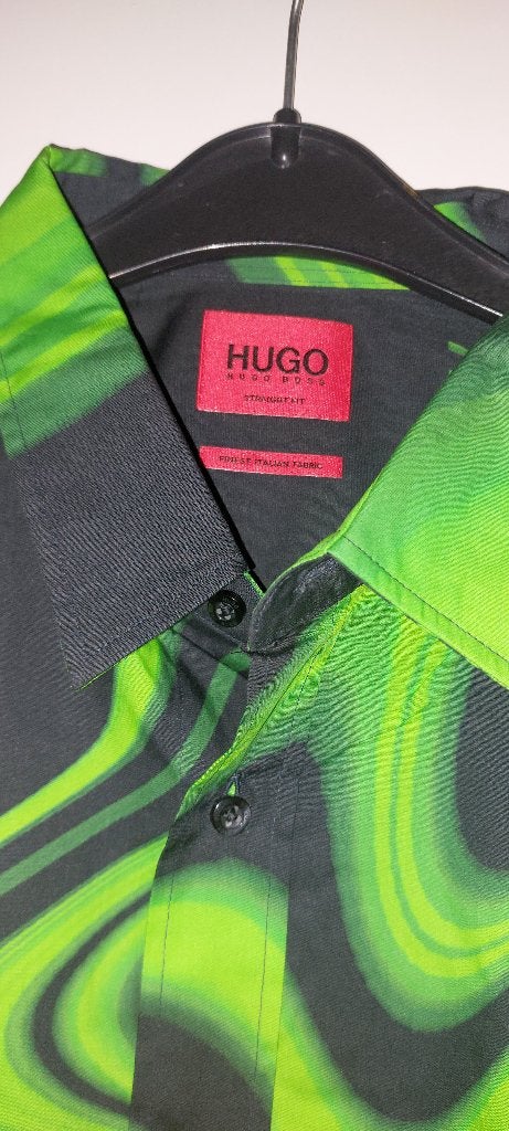 HUGO Boss 'Emero' overhemd zwart/neon groen - Maat L, Nieuw, Ophalen of Verzenden, Halswijdte 41/42 (L), Hugo Boss
