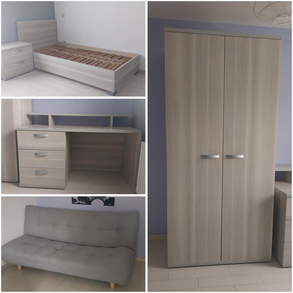 Chambre 1 pers : lit sommier chevet armoire bureau clic-clac, Ophalen