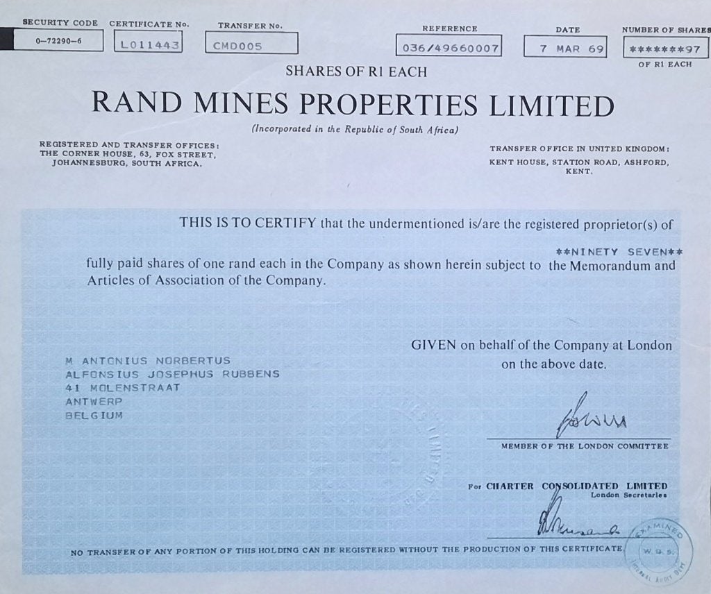 Rand Mines Properties Limites 1969 - o/n Antonius Rubens, Timbres & Monnaies, Enlèvement ou Envoi, 1950 à 1970, Action