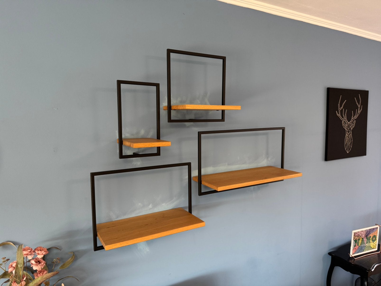 Wandplank set van 4 - eik metaal zwart, Ophalen, Zo goed als nieuw