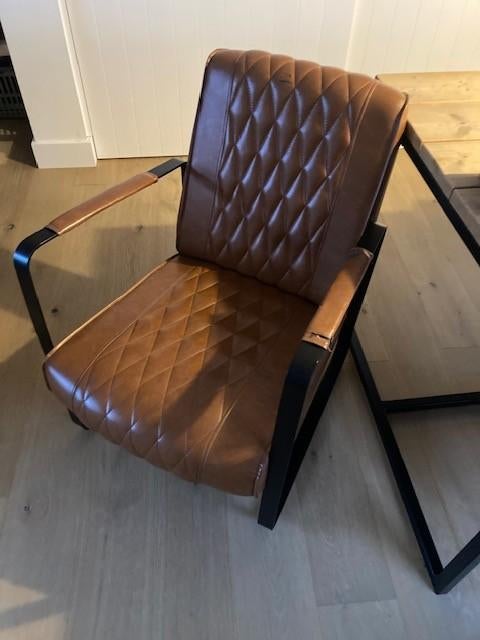 Industriële fauteuil cognac kunstleer & zwart staal, Ophalen, Gebruikt
