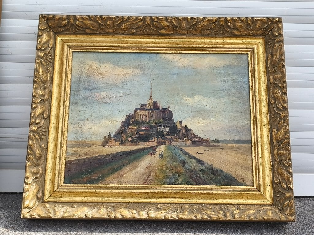 Huile sur panneau mont st Michel signe, Ophalen of Verzenden