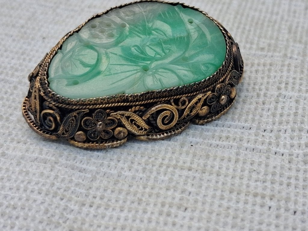 Antieke Chinese zilveren broche jade, Verzenden, Zilver