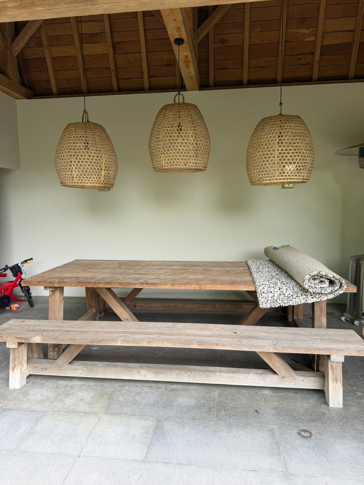 Grande table de jardin en bois massif + 2 bancs–très robuste, Ophalen, Zo goed als nieuw, Rechthoekig, Hout