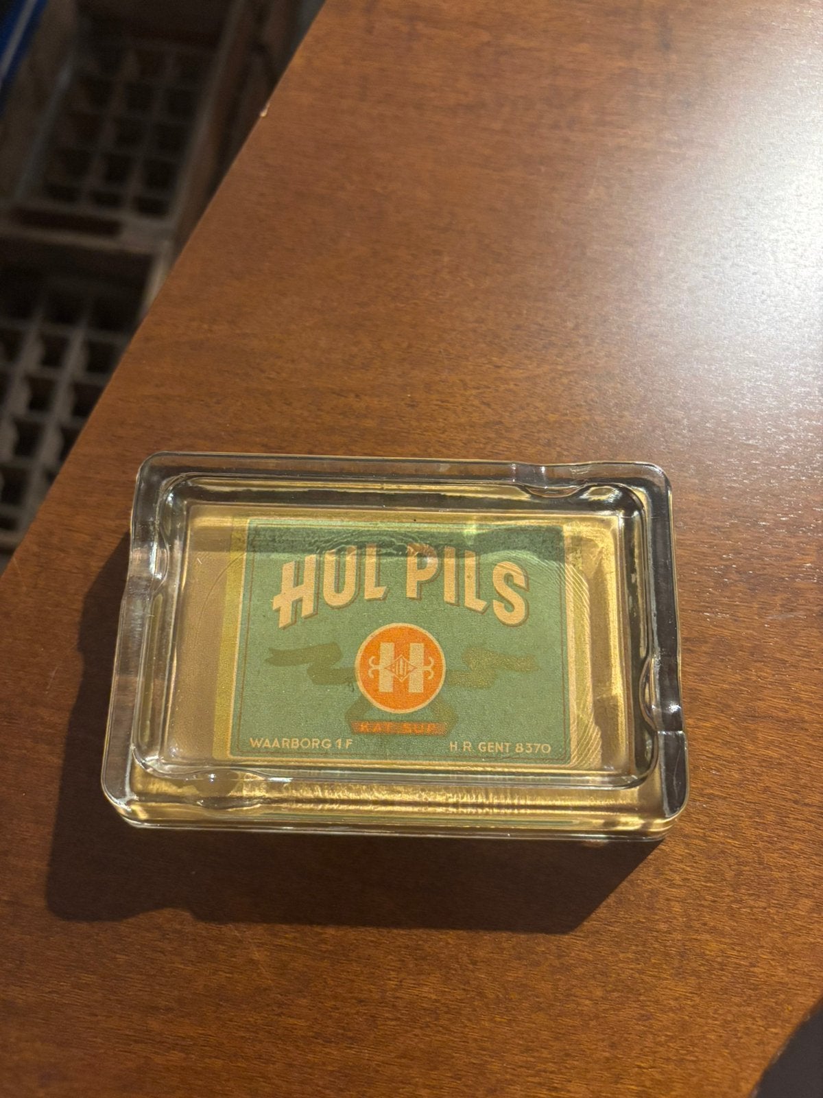 Oude asbak Hul Pils Merelbeke groen, Verzamelen, Ophalen of Verzenden, Gebruikt, Gebruiksvoorwerp