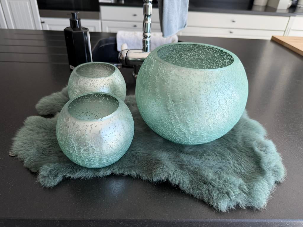 3 groene kaarshouders met matje J-Line, Ophalen, Gebruikt, Groen, Kandelaar
