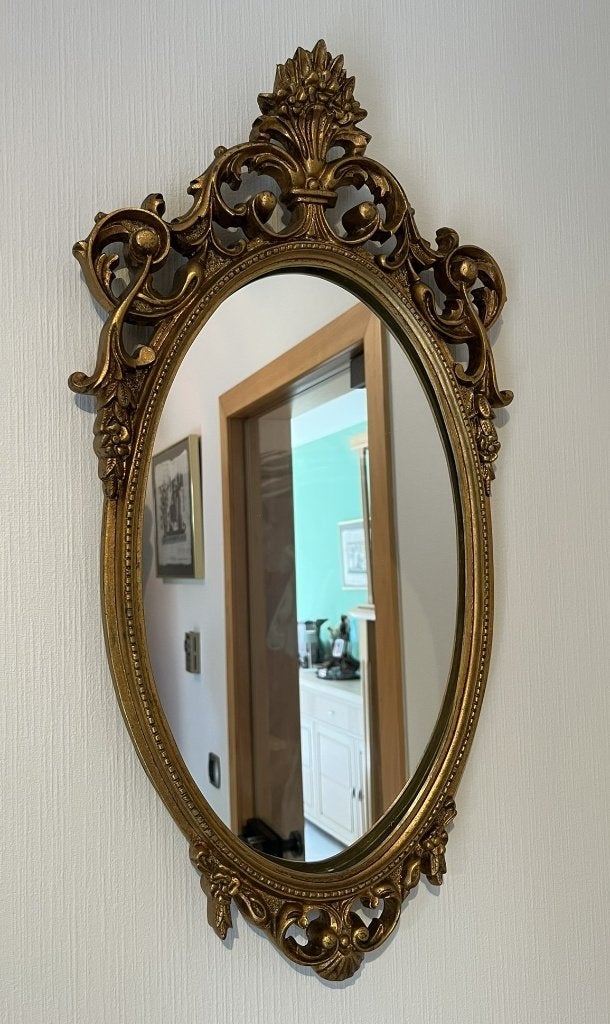 Magnifique miroir vintage à crête dorée — baroque (36x70cm), Maison & Meubles, Moins de 100 cm, Enlèvement, Utilisé, Ovale