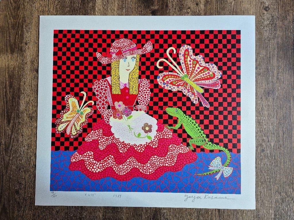 gesigneerde zeefdruk "Lizard" uit 1989 "naar" Yayoi Kusama., Ophalen of Verzenden, Zeefdruk