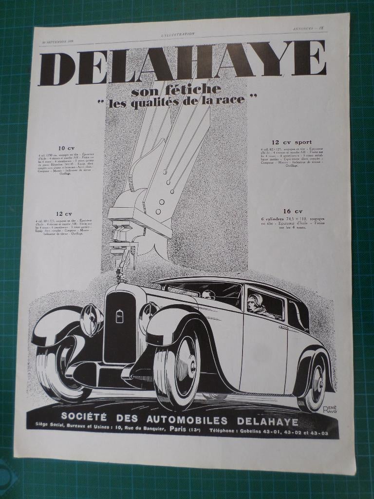 Delahaye - publicité papier - 1928, Collections, Enlèvement ou Envoi, Utilisé, Autres types
