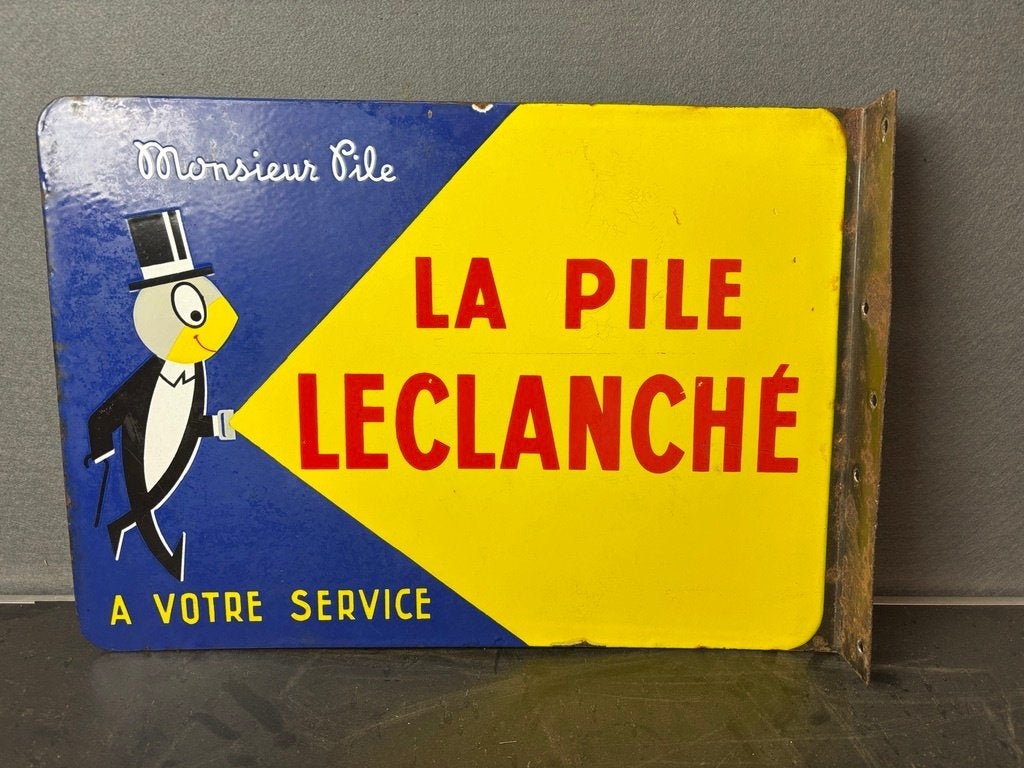 Emaille reclamebord la Pile Leclanche a votre service, Ophalen of Verzenden, Gebruikt, Reclamebord