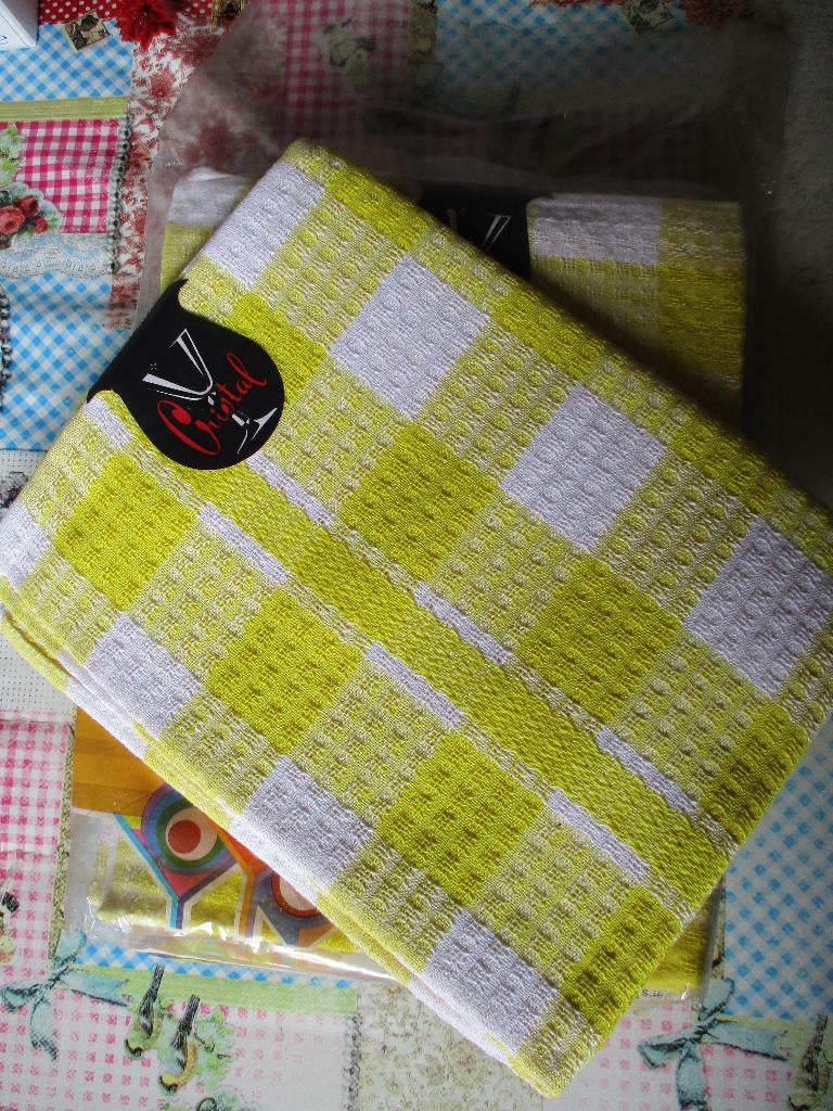 (👉ﾟヮﾟ)👉 6 Retro / Vintage keukenhanddoeken Cristal ., Huis en Inrichting, Keuken | Textiel, Nieuw, Theedoek of Handdoek, Geel