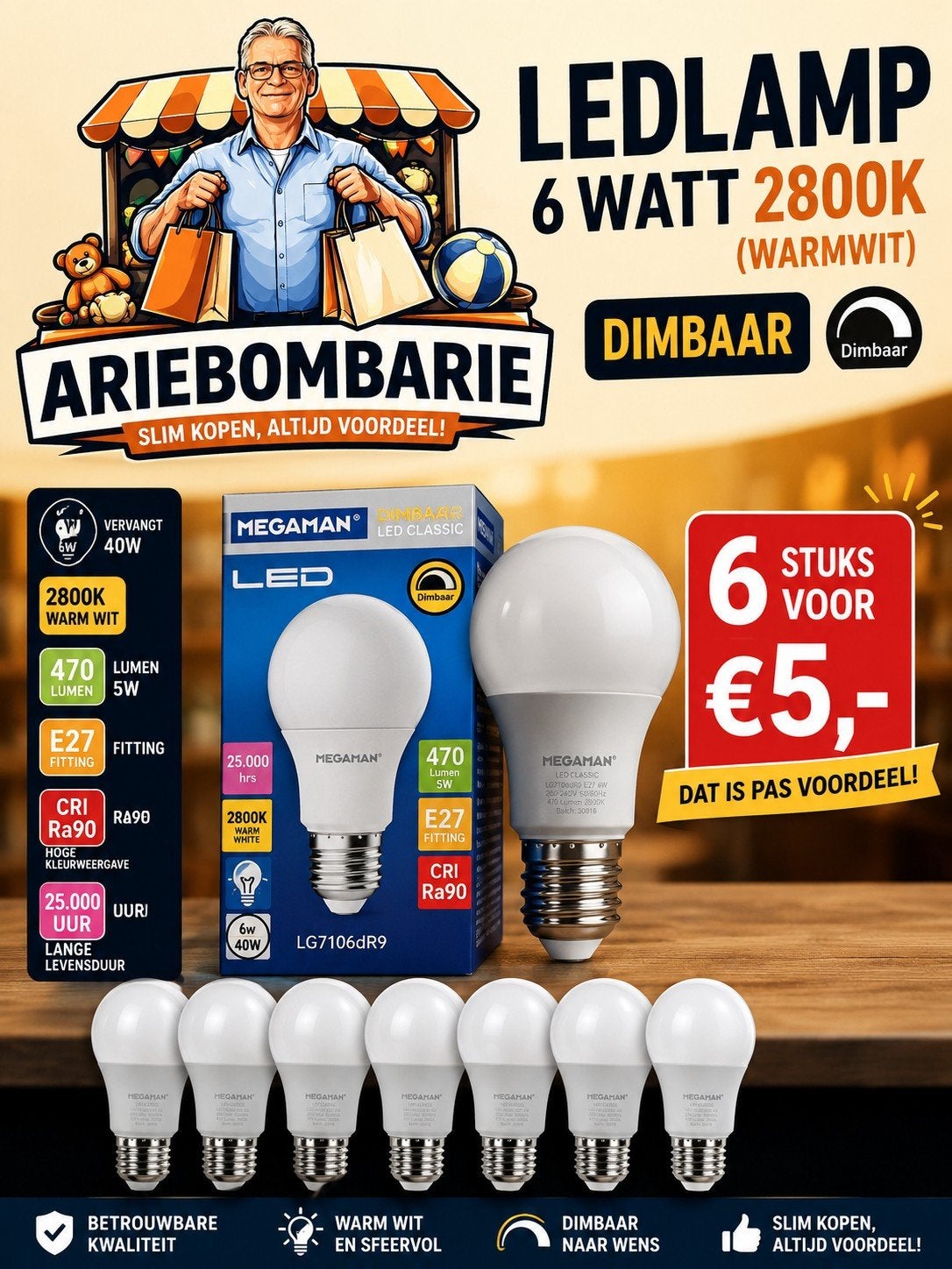 LEDlamp 6 Watt Warmwit Dimbaar 6 voor €5, Huis en Inrichting, Ophalen of Verzenden