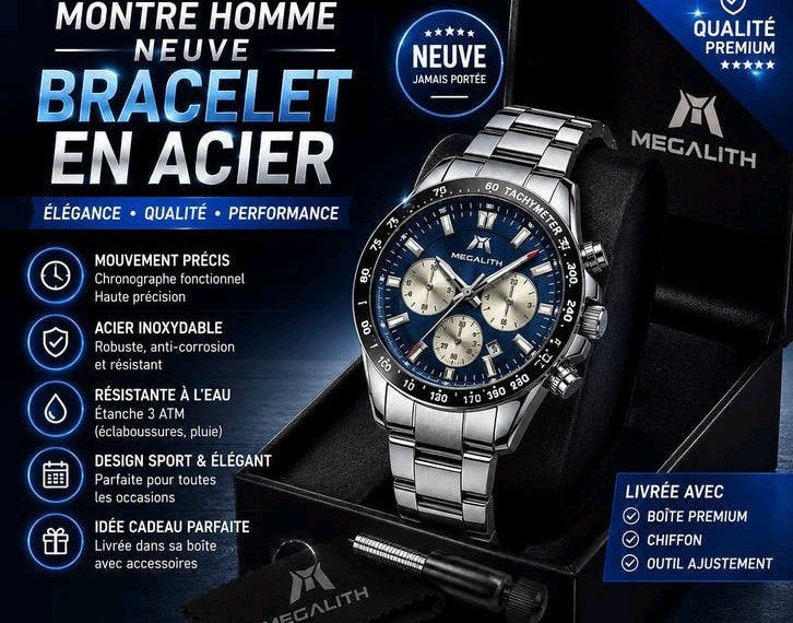 MEGALITH herenhorloge met stalen armband - nieuw, Handtassen en Accessoires, Horloges | Heren, Staal, Staal, Ophalen of Verzenden