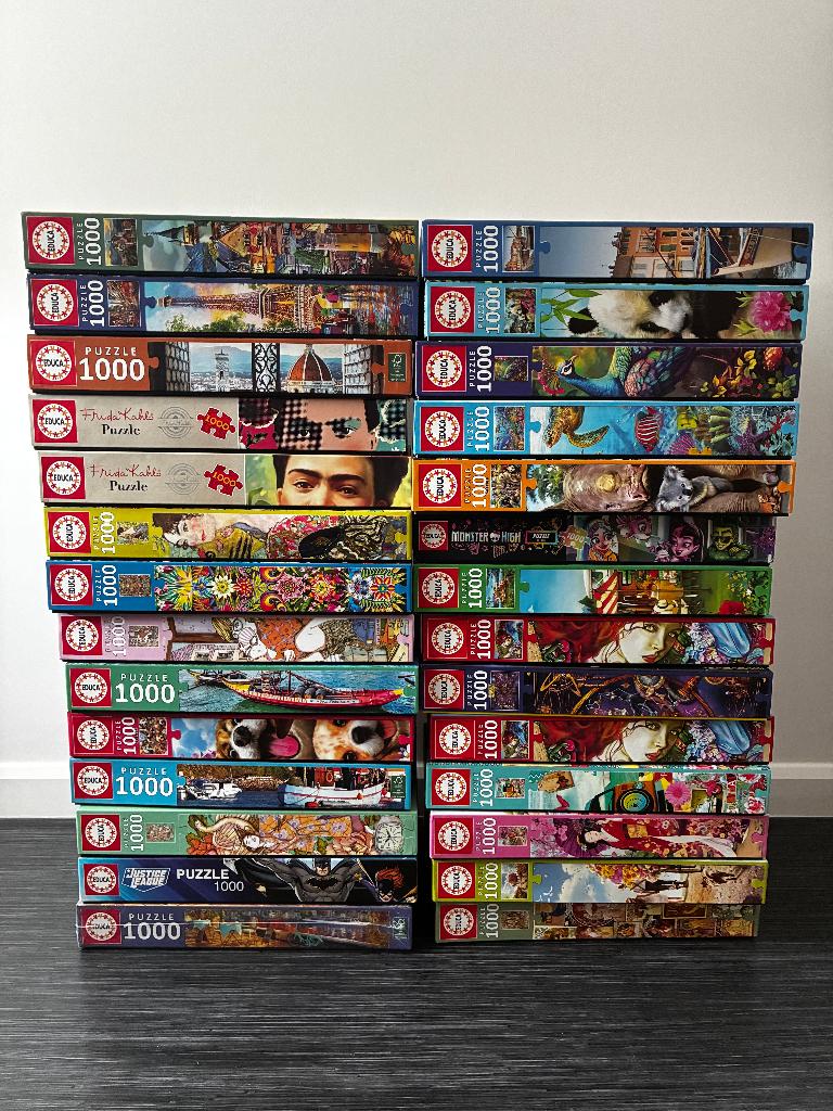 Groot lot van 32 puzzels voor volwassenen., Ophalen, 500 t/m 1500 stukjes, Zo goed als nieuw, Legpuzzel