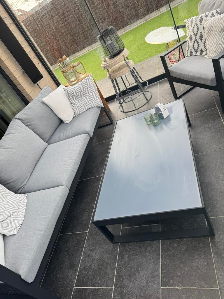 Glazen lounge tafel, Tuin en Terras, Tuinsets en Loungesets, Ophalen, Zo goed als nieuw