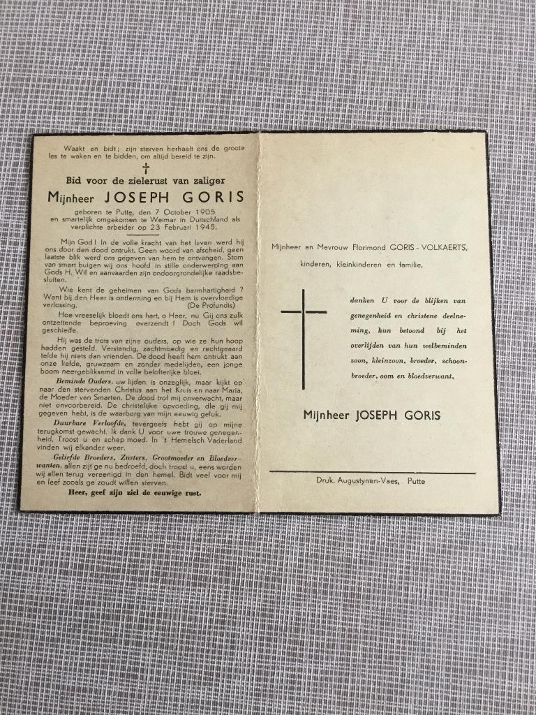 Oorlogsslachtoffer J.Goris Putte +Weimar Duitsland 1945, Verzamelen, Verzenden, Bidprentje