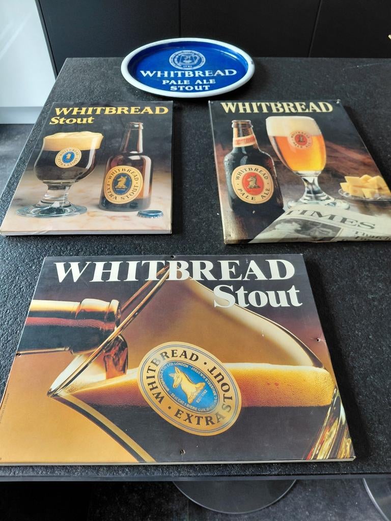 Emaille dienschotel en Kartonnen reclame borden, Verzamelen, Biermerken, Ophalen