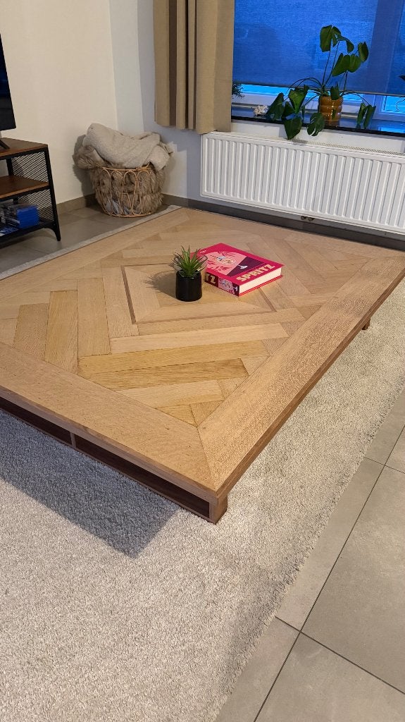 Grande table basse artisanale en bois – pièce unique, 150 à 200 cm, Comme neuf, 100 à 150 cm, Enlèvement