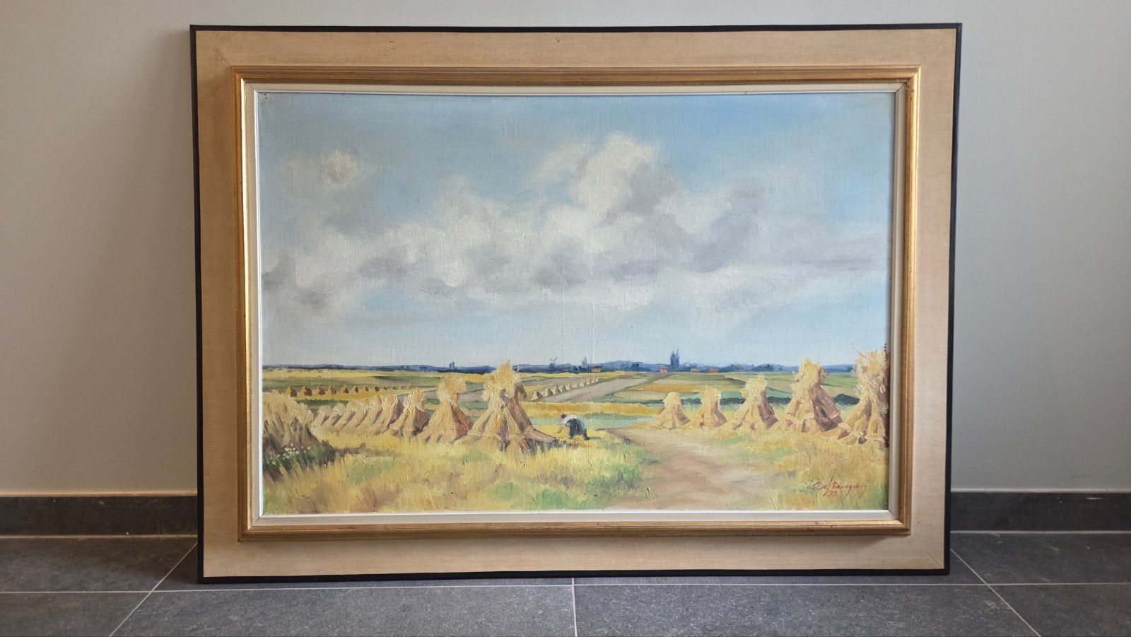 Peinture à l'huile R. De Stuyver 1952 — Champs dorés 110x80, Peinture à l'huile, Daté, Paysage, Enlèvement