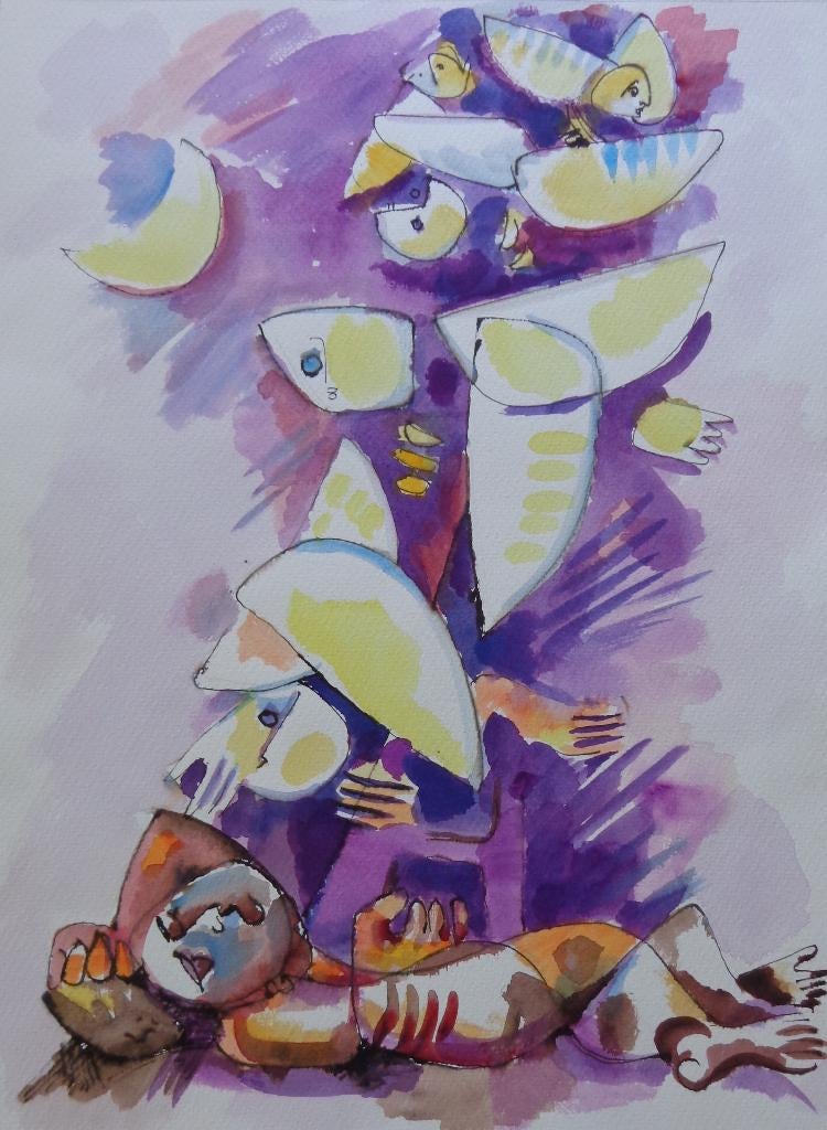 JOEL KASS / TOTEMFIGUUR / ORIGINEEL WERK / 76x56cm, Antiquités & Art, Art | Peinture | Moderne, Enlèvement ou Envoi, Signé, Aquarelle