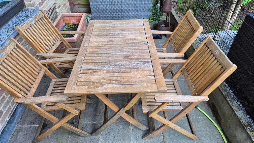 Table de jardin en bois pliable + 4 chaises, Jardin & Terrasse, Ensembles de jardin, Bois, 4 places