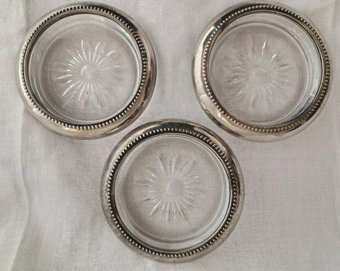 3 sous-verre en verre & métal argenté, Enlèvement ou Envoi, Sous-verre, Argenté, Verre