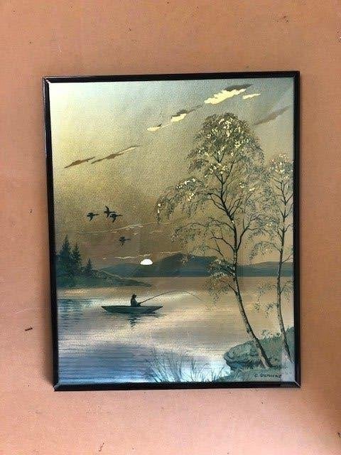Oosters artwerk met kader (E. Stephens), Antiek en Kunst, Papier/karton, Ingelijst, Gemengde techniek, Landschap