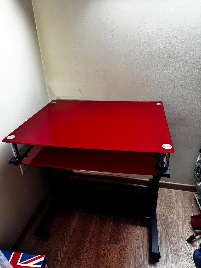 bureau vintage rood glazen bureau, Ophalen, Met wielen, Zo goed als nieuw