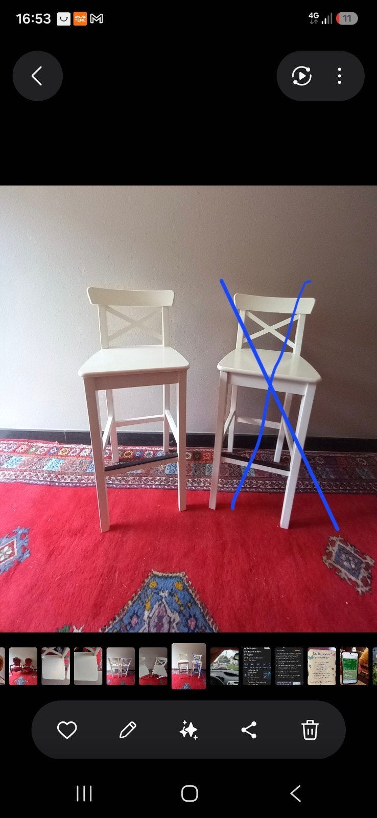 1 x witte Rosentorp ikea barkruk, Maison & Meubles, Tabourets de bar, Bois, Enlèvement