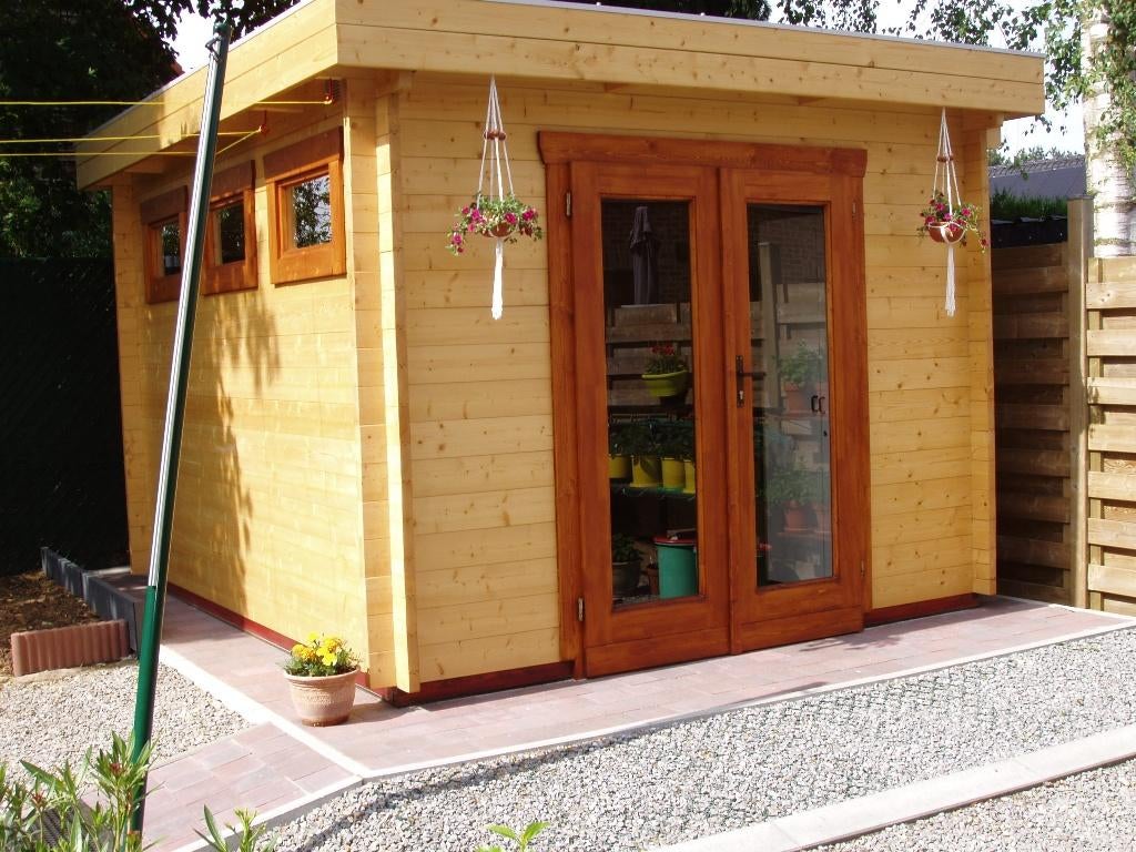 Blokhut Vurenhout te koop, Tuin en Terras, Tuinhuizen, Gebruikt, Blokhut, Hout, 250 tot 300 cm, 200 tot 400 cm, 3 ramen of meer
