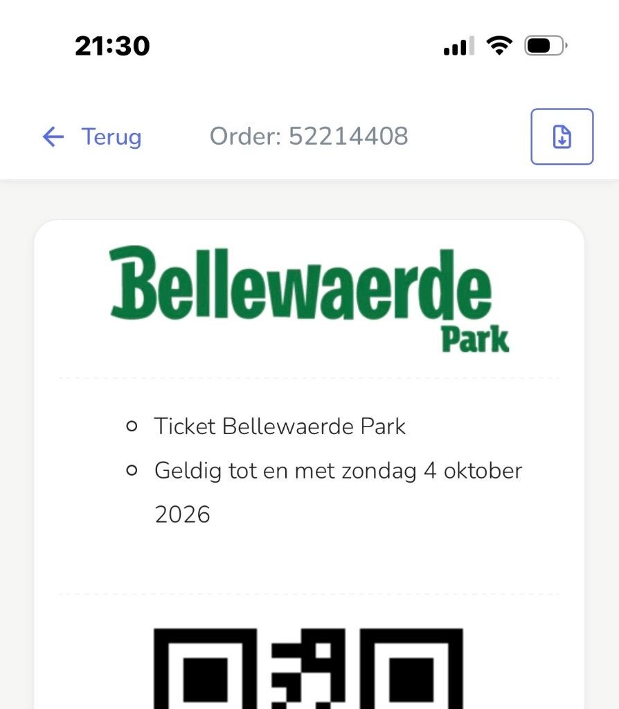 Ticket bellewaerde, Eén persoon, Ticket of Toegangskaart