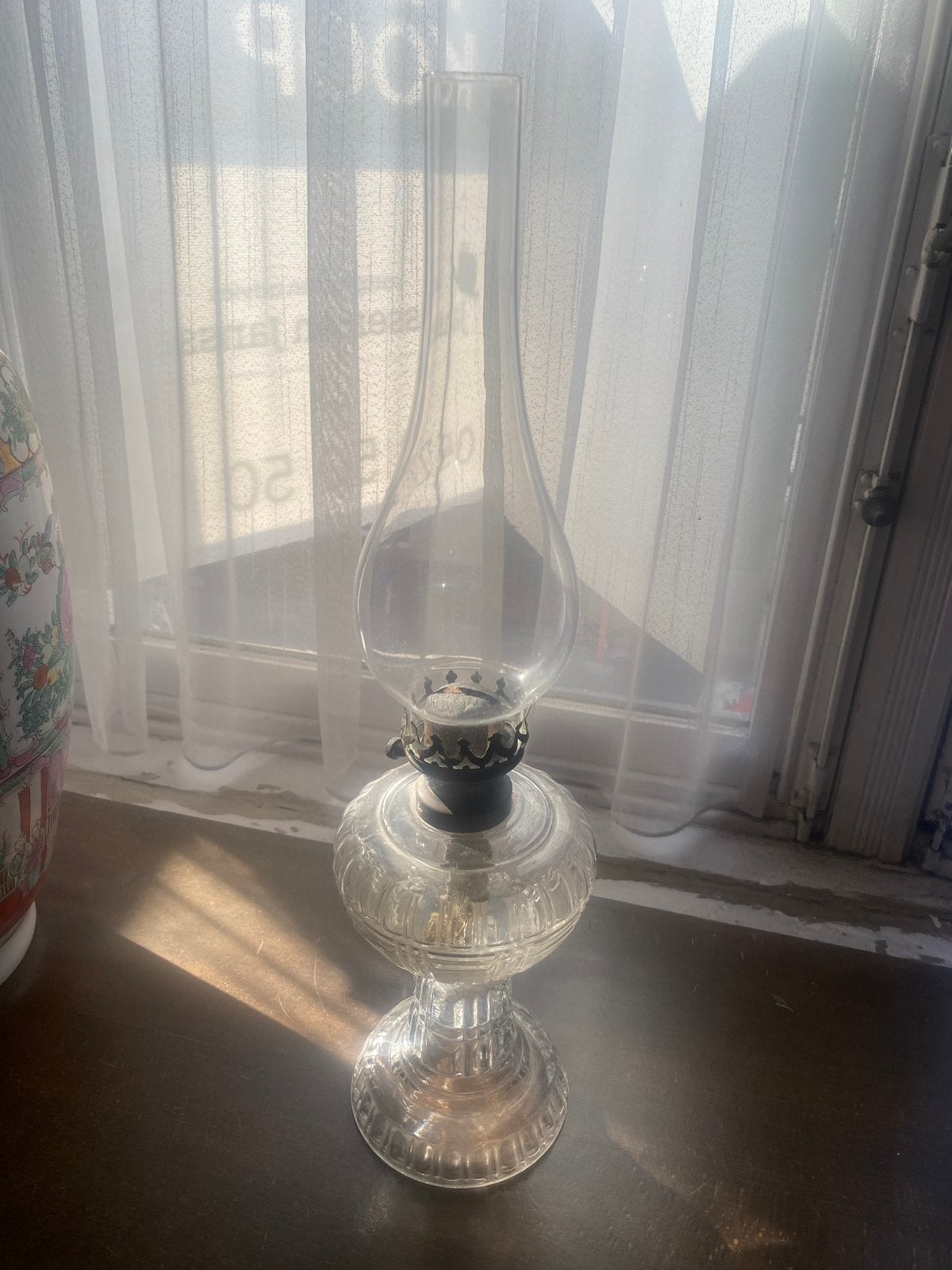 Onbeschadigd olielamp , antiek, Huis en Inrichting, Woonaccessoires | Stolpen, Glas, Ophalen, Gebruikt, Handgemaakt