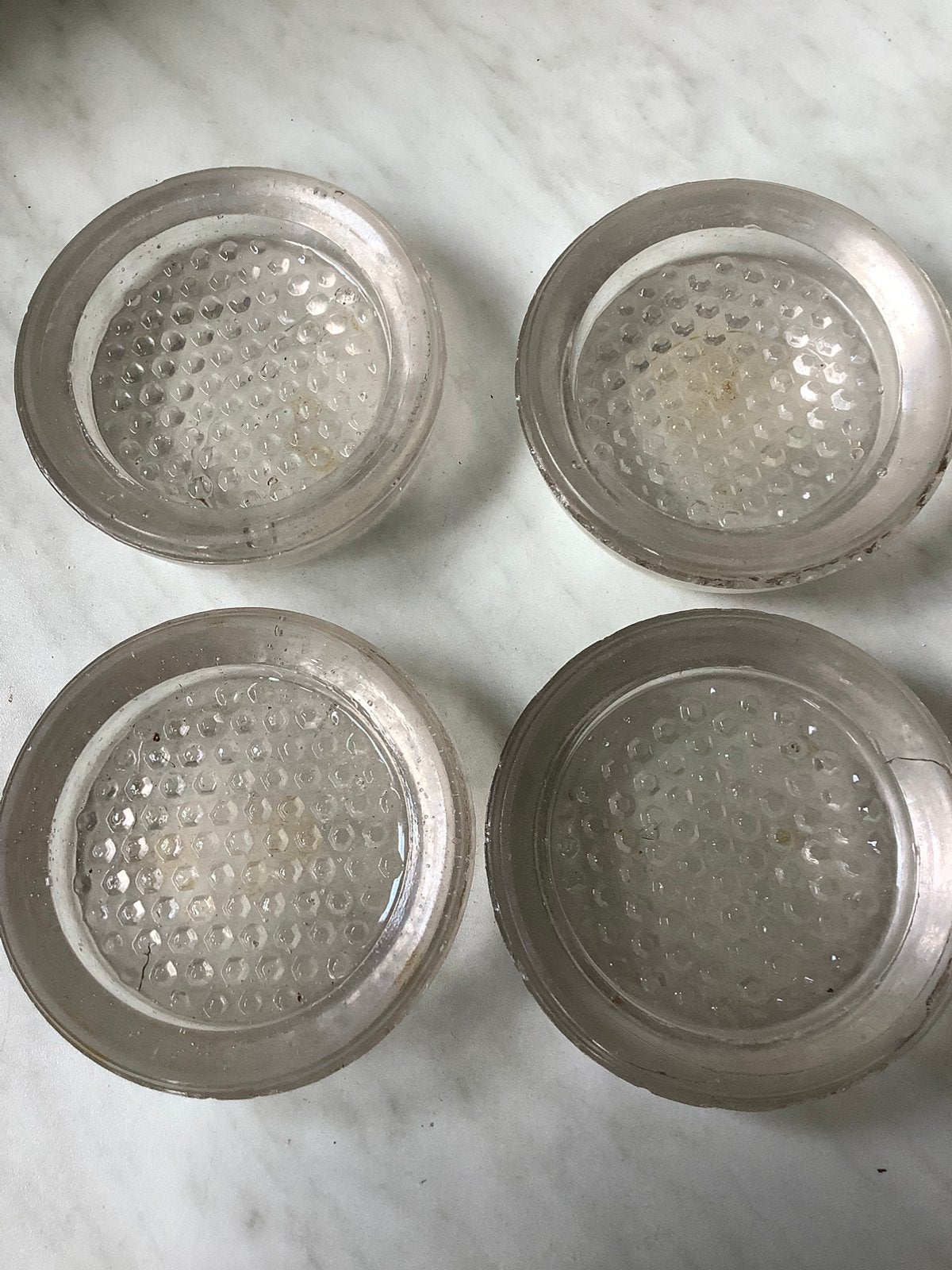 4 vintage glazen machinevoeten., Ophalen, Overige typen, Gebruikt, Glas