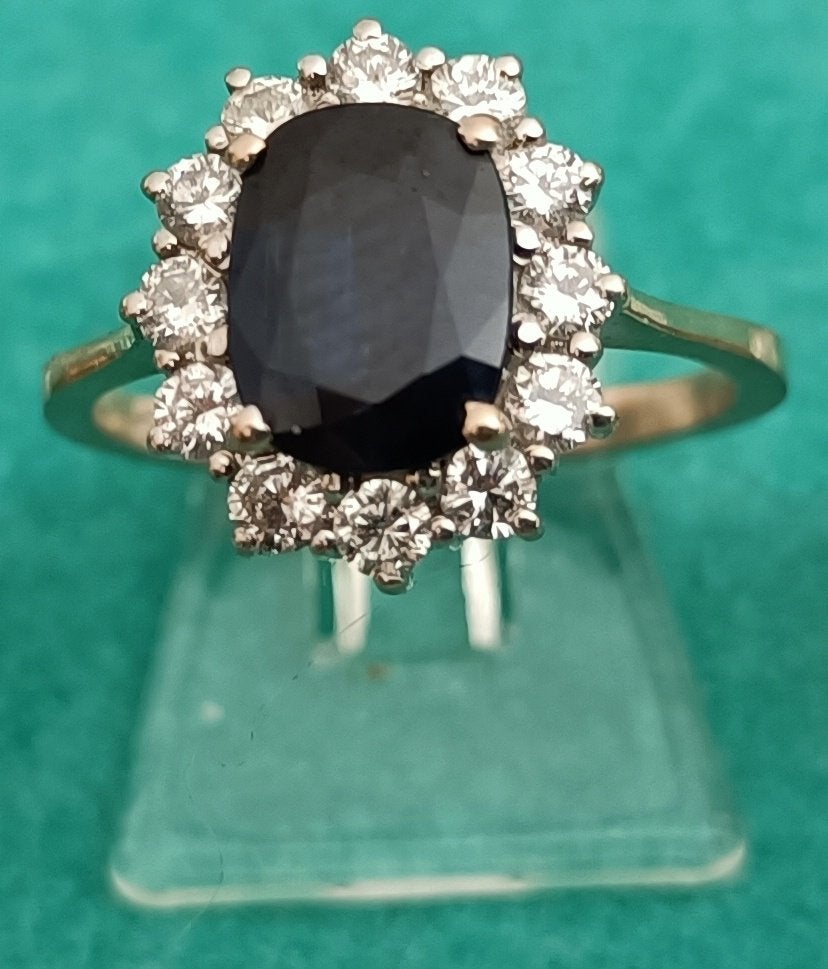 Bague or bicolore 18K saphir bleu + 12 diamants, "Lady Di", Handtassen en Accessoires, Ophalen, Blauw, Nieuw, Met edelsteen