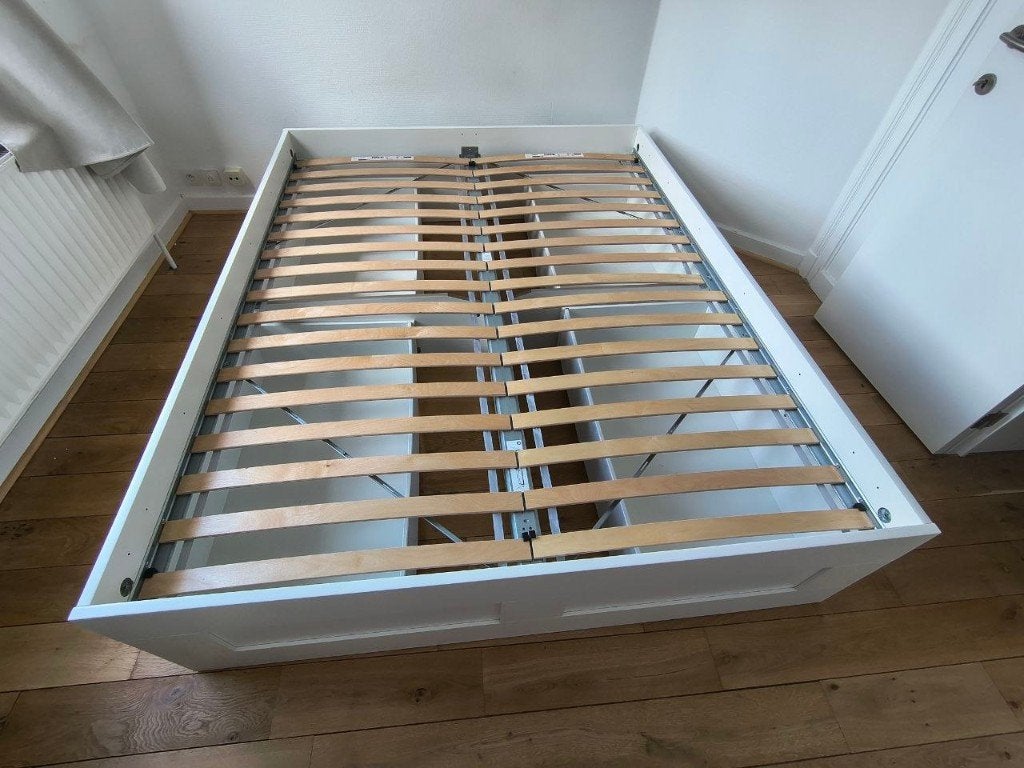 IKEA BRIMNES Cadre de lit avec rangement 160x200 cm Blanc, Maison & Meubles, BRIMNES, Queen size, Enlèvement, Utilisé