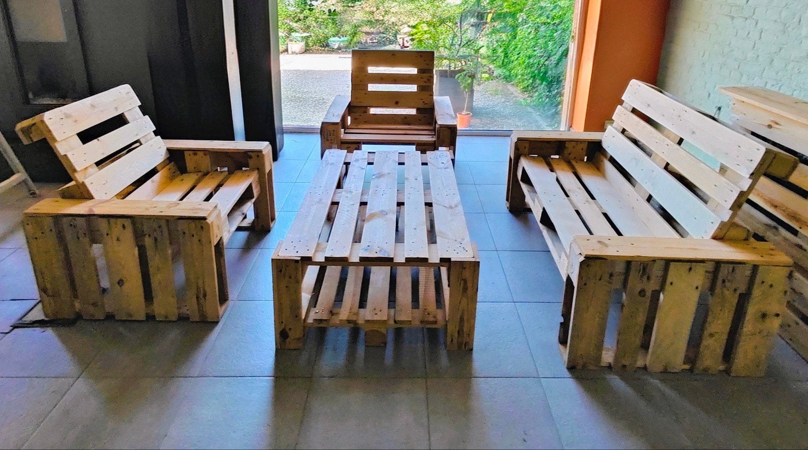 Handgemaakte 5-delige loungeset met bar!, Tuin en Terras, Ophalen, 4 zitplaatsen, Hardhout, Zo goed als nieuw