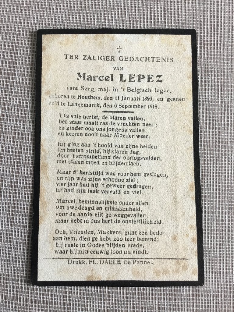 Soldat M.Lepez Houtem Veurne tué au combat Langemark 1918, Enlèvement ou Envoi, Image pieuse