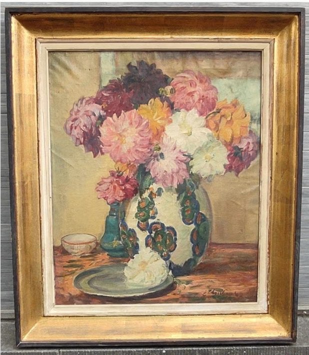 huile sur toile vase keramis fleuri signe emile thysebaert, Enlèvement ou Envoi, Toile
